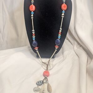 Chico's Red and Blue Beaded Necklace with Charms